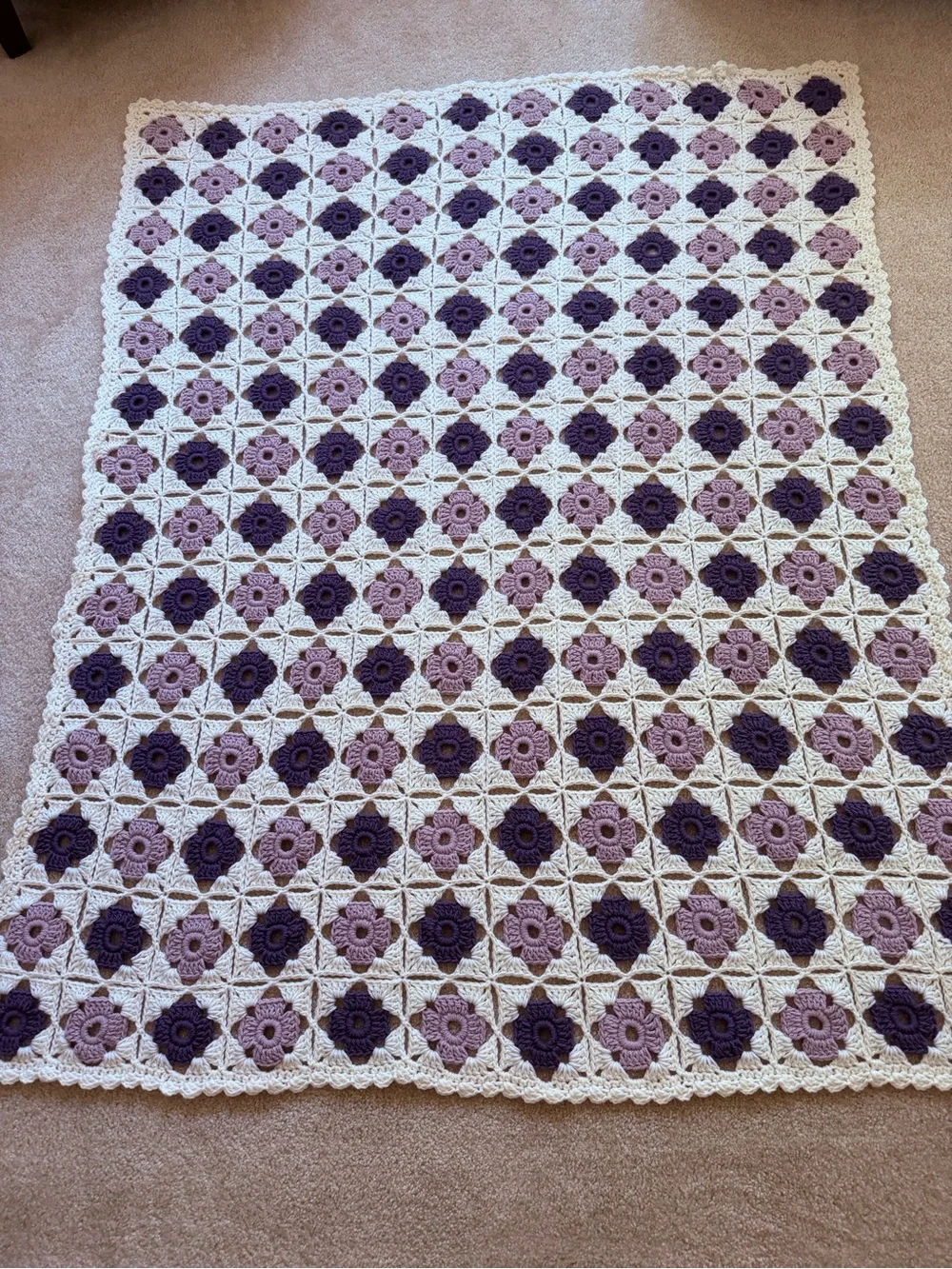 Handmade Crochet Granny Square blanket in Cream and Purple